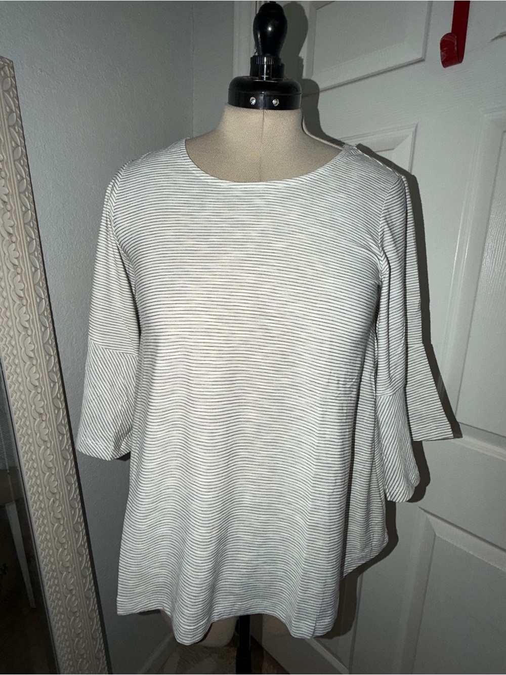 Mystree Cream and Light Gray Striped Bell Sleeve Tunic